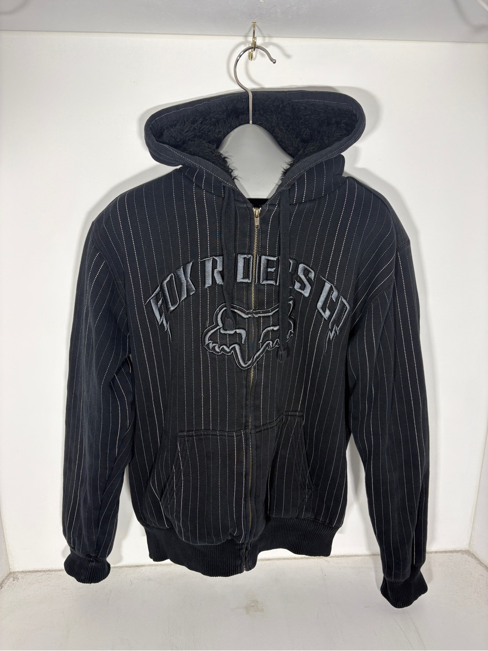 Y2k Fox Sasquatch Black Pinstripe Zip-Up Hooded Sweatshirt